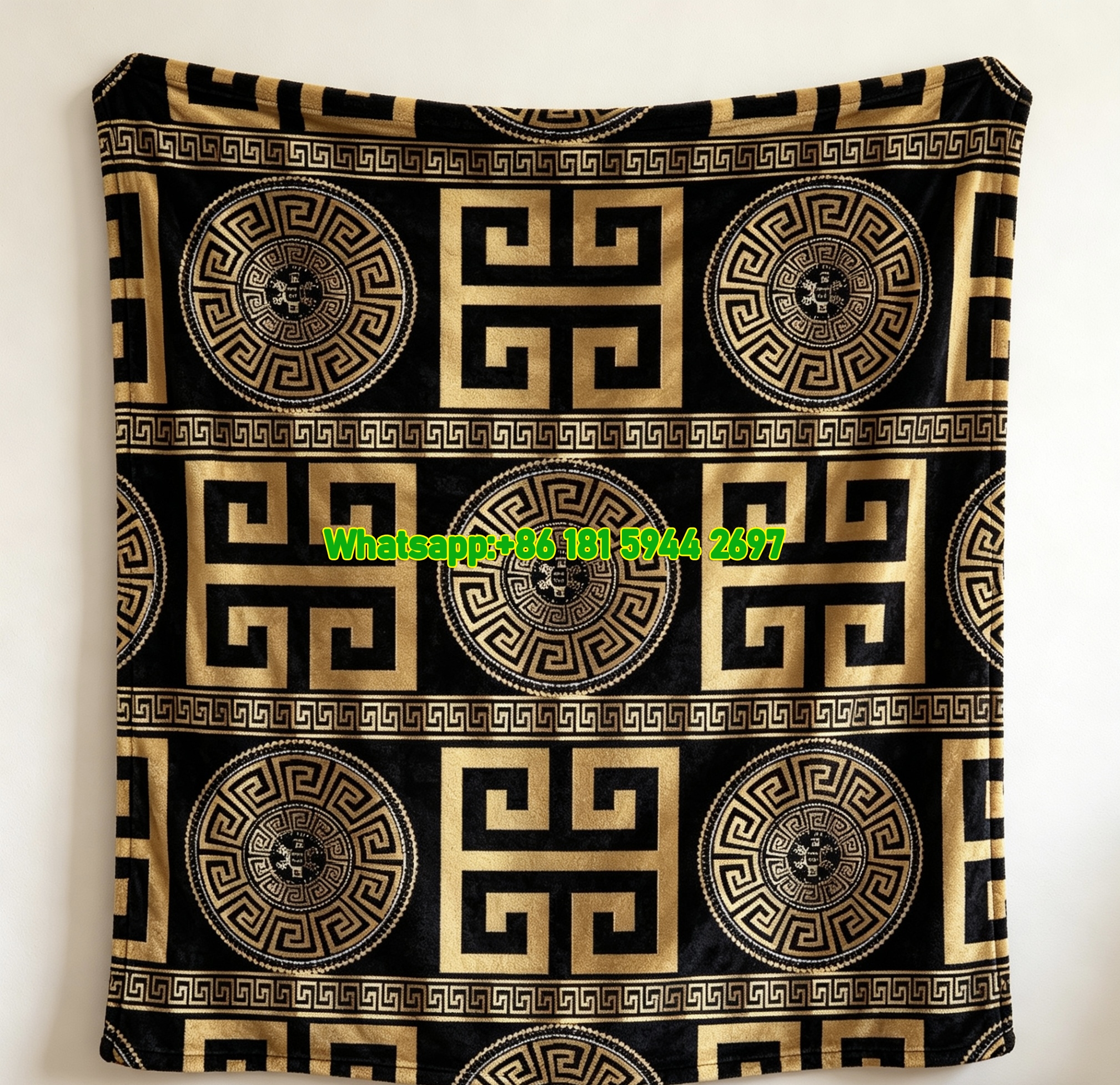 Versace Black Gold Greek Key Pattern Flannel Sofa Throw Blanket IMG_1346